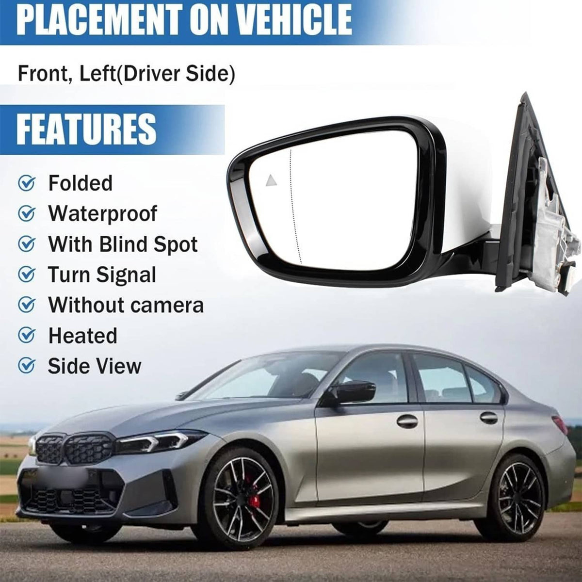Bethesda Industrial Left Driver Side Mirror With Blind Spot White For 2019-2023 BMW 320i 330i 330e