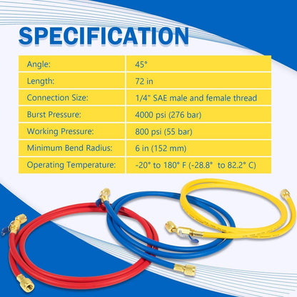Bethesda Industrial 29986 Plus II 72" Hose 1/4" Compact Ball Valve End Refrigerant Charging Hose
