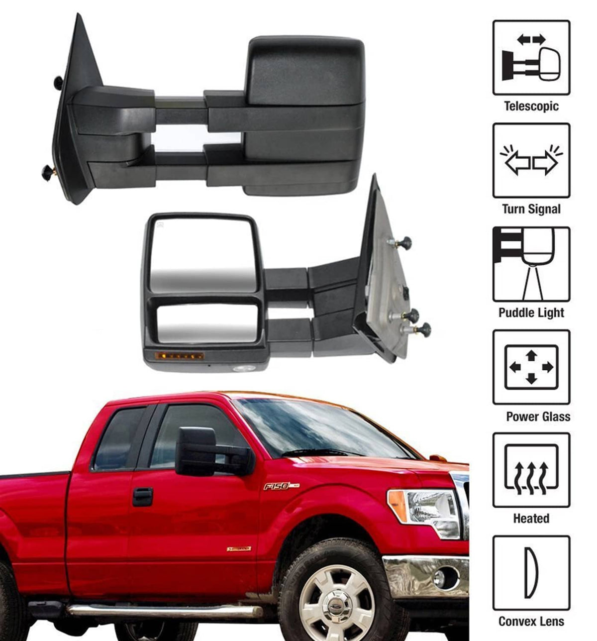 Bethesda Industrial For 2007-2014 Ford F150 Pickup Towing Power Heated Tow Mirrors Set Signal puddle