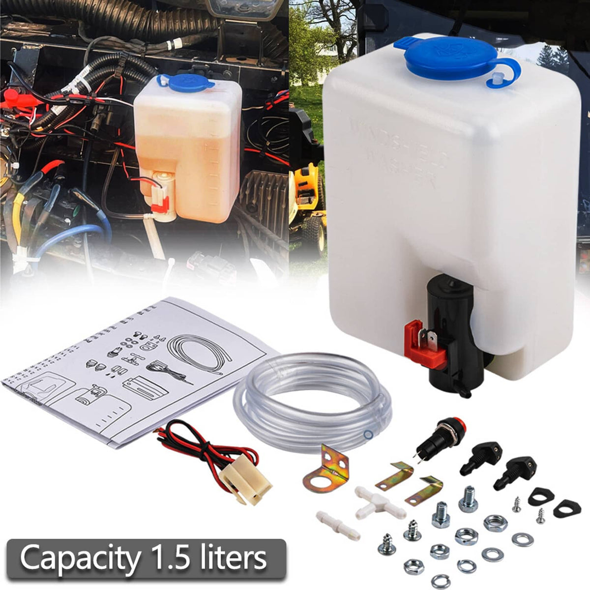 Bethesda Industrial Windshield Washer Bottle Tank Pump Wiper System Reservoir Kit 12V Universal 1.5L