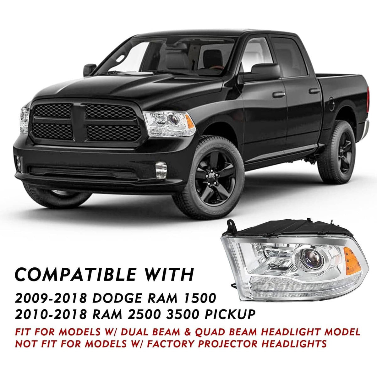 Bethesda Industrial For 2009-2018 Dodge Ram 1500 2500 3500 Pickup w/LED Projector Chrome Headlights