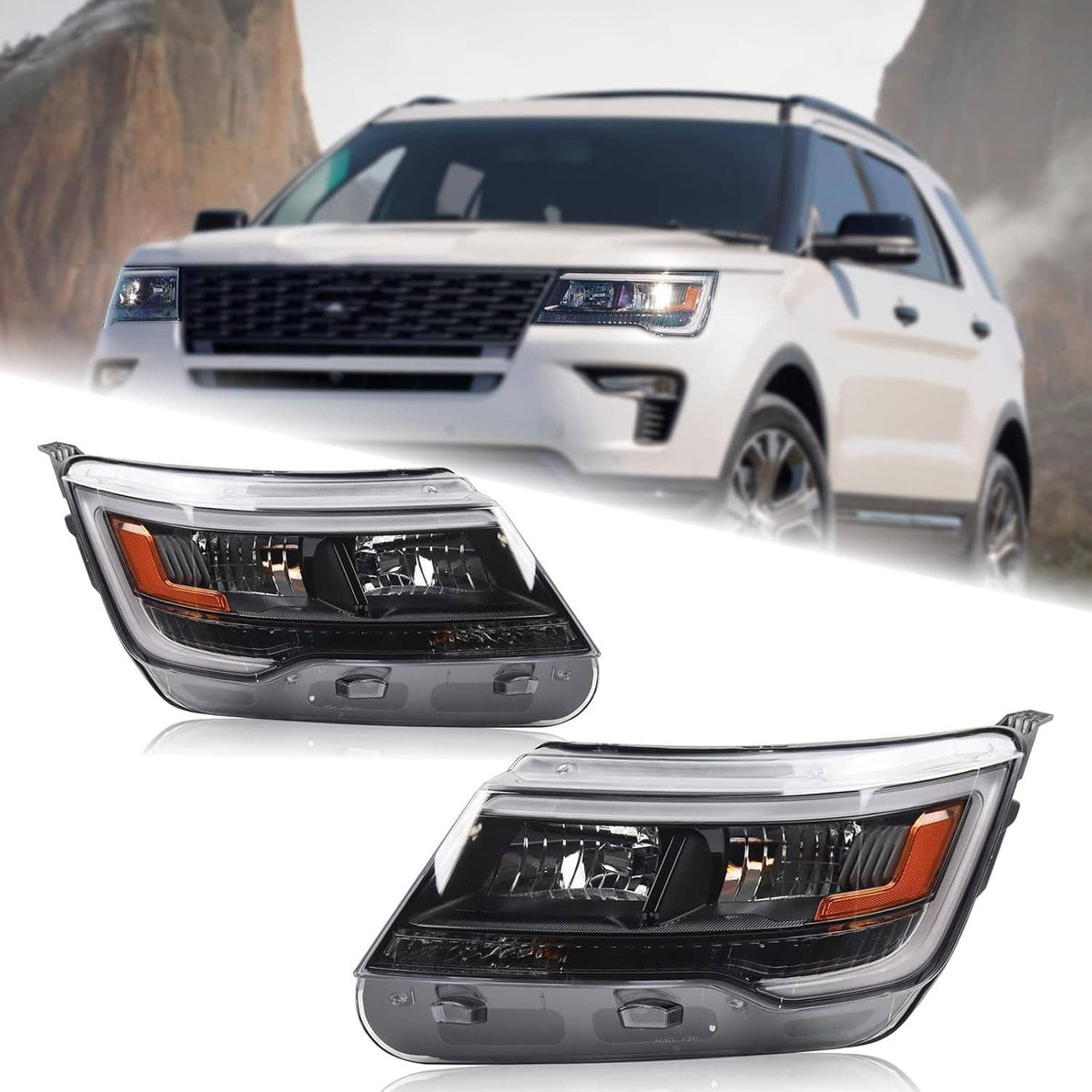Bethesda Industrial New Pair Headlights Assembly LH+RH For 2016-2019 Ford Explorer Chrome w/ LED DRL