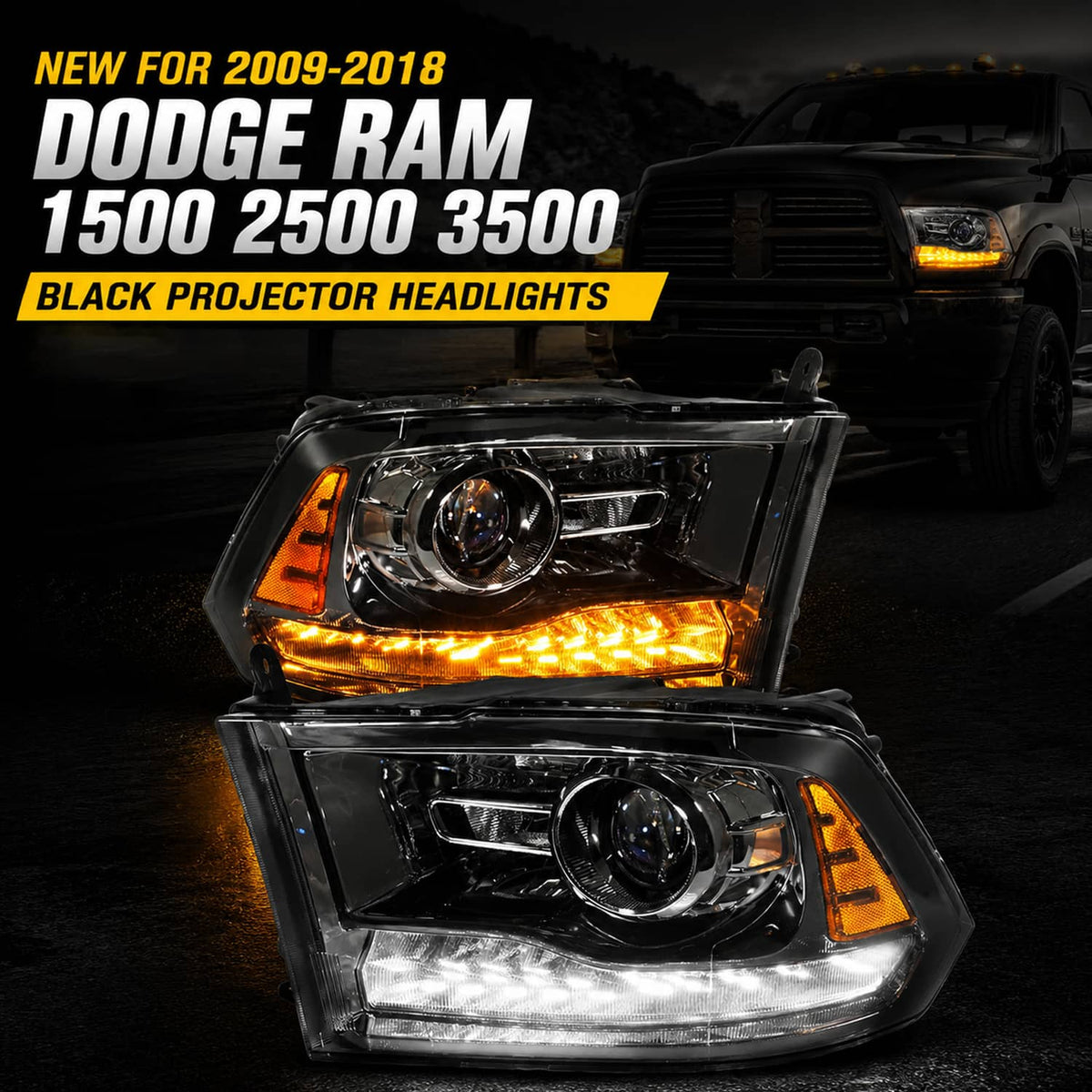 Bethesda Industrial For 2009-2018 Dodge Ram 1500 2500 3500 Black Projector Headlights with LED DRL