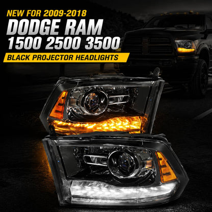 Bethesda Industrial For 2009-2018 Dodge Ram 1500 2500 3500 Black Projector Headlights with LED DRL