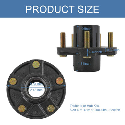 Bethesda Industrial 2 × Trailer Idler Hub Kits 5 on 4.5" 5 Lugs For 2000 lbs Axle 1-1/16" bearings