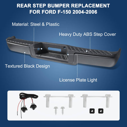Bethesda Industrial Black Rear Setp Bumper w/LED Light for 2004-2006 Ford F150 w/o Sensor Hole New