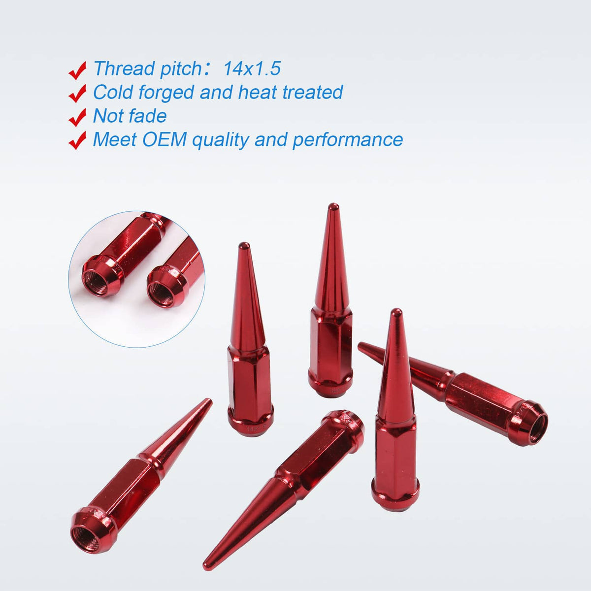 Bethesda Industrial 24 PCS Spike Lug Nuts 14x1.5 Red For Chevy Silverado Tahoe 4.4" Tall W/ Key