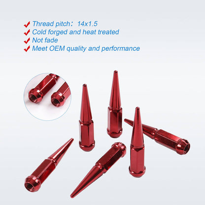 Bethesda Industrial 24 PCS Spike Lug Nuts 14x1.5 Red For Chevy Silverado Tahoe 4.4" Tall W/ Key