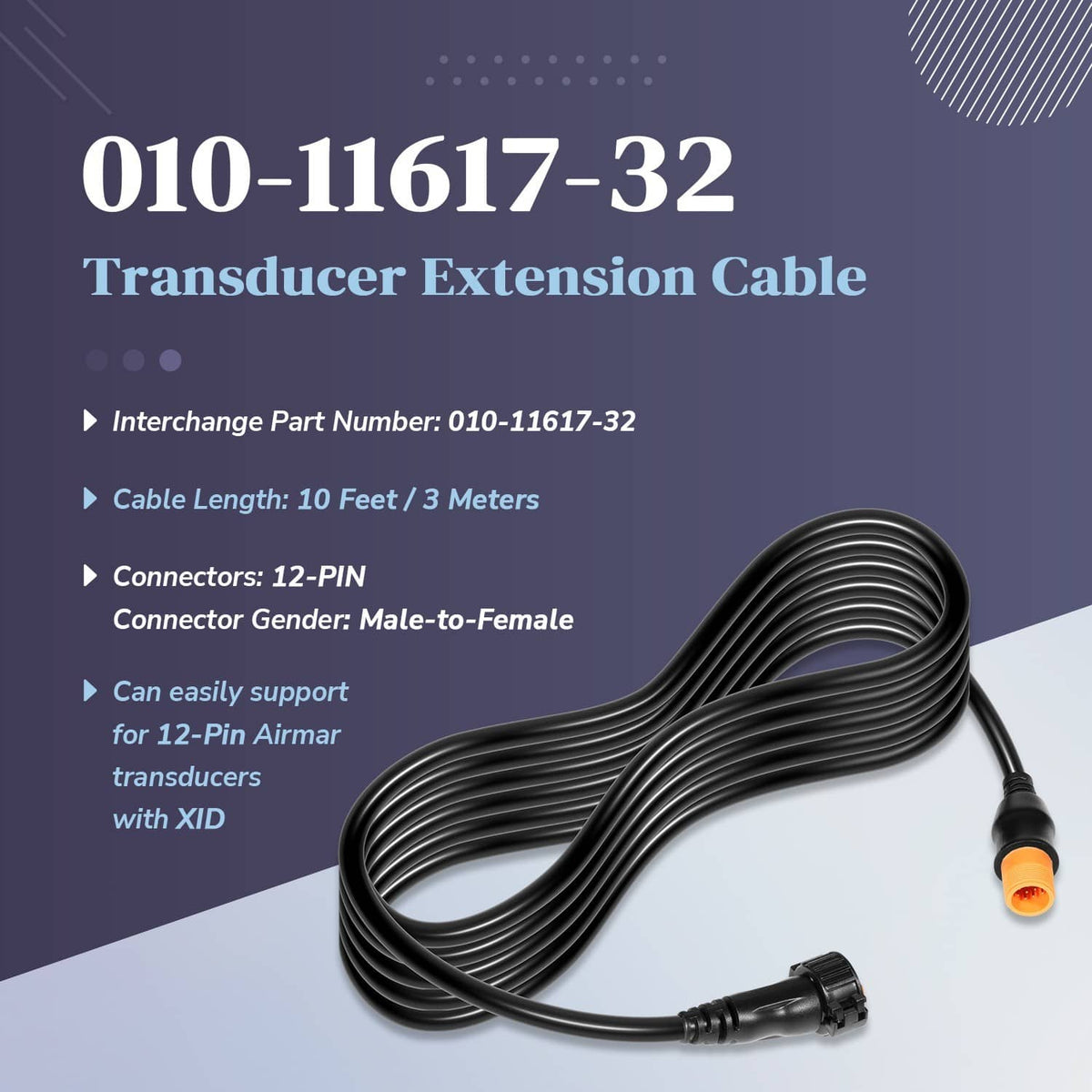 Bethesda Industrial Replace for Garmin 010-11617-32 Transducer Extension Cable 12-Pin 10ft. with XID