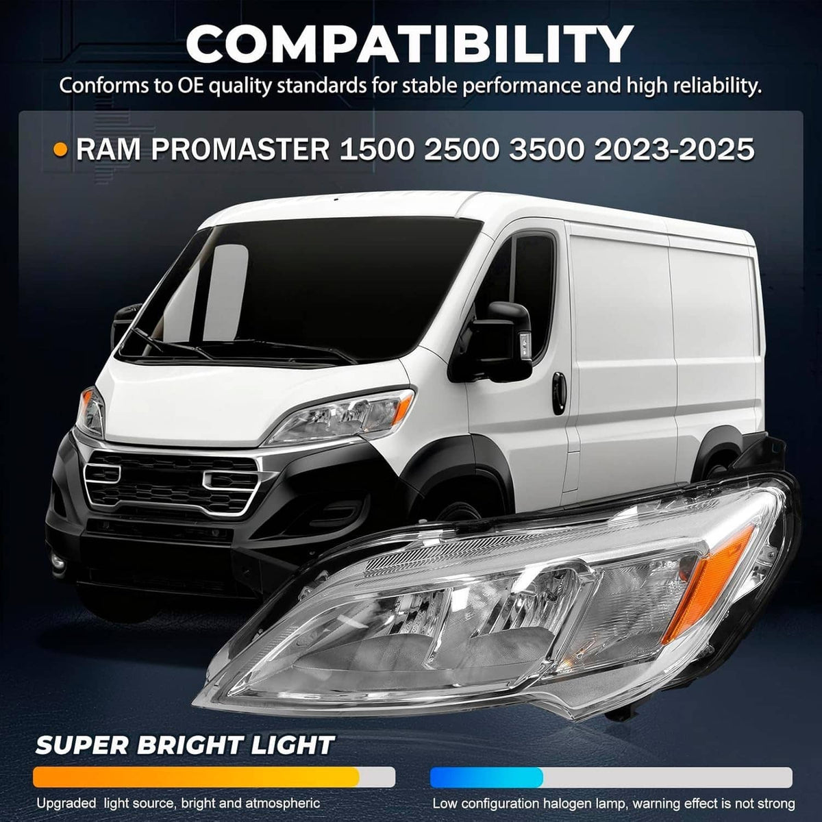 Bethesda Industrial Left Driver Side Halogen Headlight For 2023-2026 Dodge Ram Promaster 1500 2500
