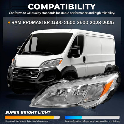 Bethesda Industrial Left Driver Side Halogen Headlight For 2023-2026 Dodge Ram Promaster 1500 2500