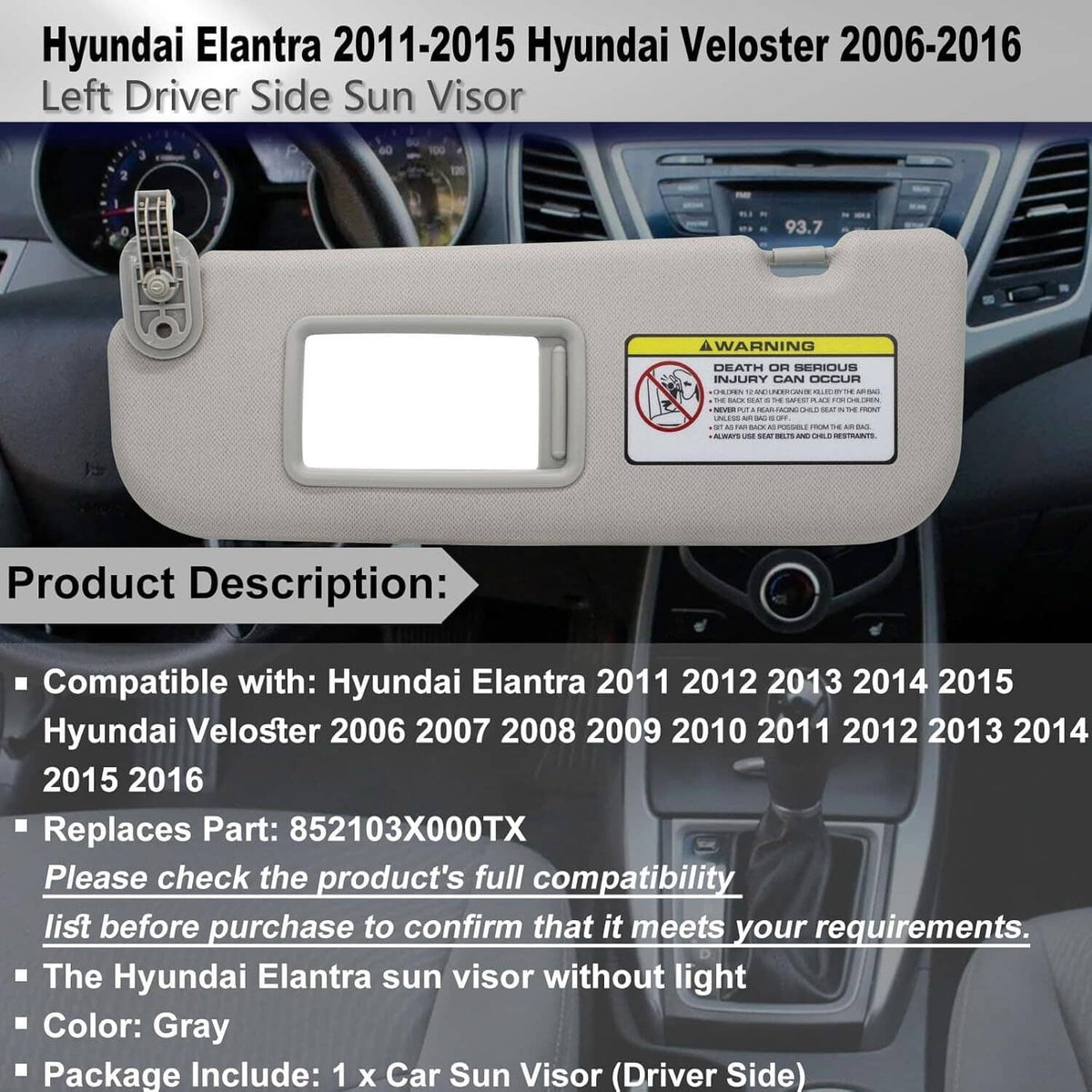 Bethesda Industrial Grey Sun Visor Makeup Mirror Left-Driver Side For 2011-2016 Hyundai Elantra MD