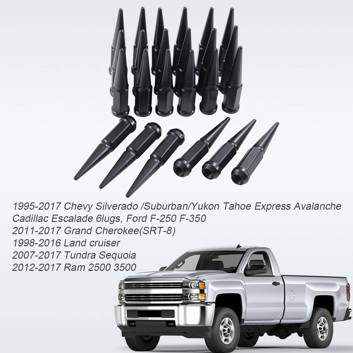 Bethesda Industrial 24PCS Spike Lug Nuts 14x1.5 Black For Chevy Silverado Tahoe 4.4" Tall with Key