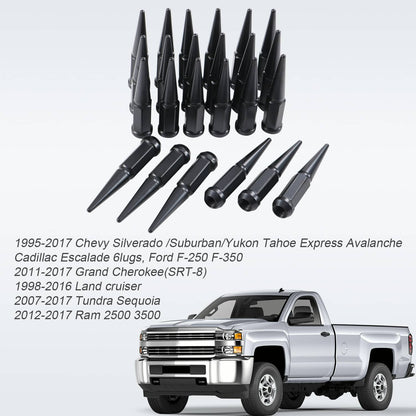 Bethesda Industrial 24PCS Spike Lug Nuts 14x1.5 Black For Chevy Silverado Tahoe 4.4" Tall with Key
