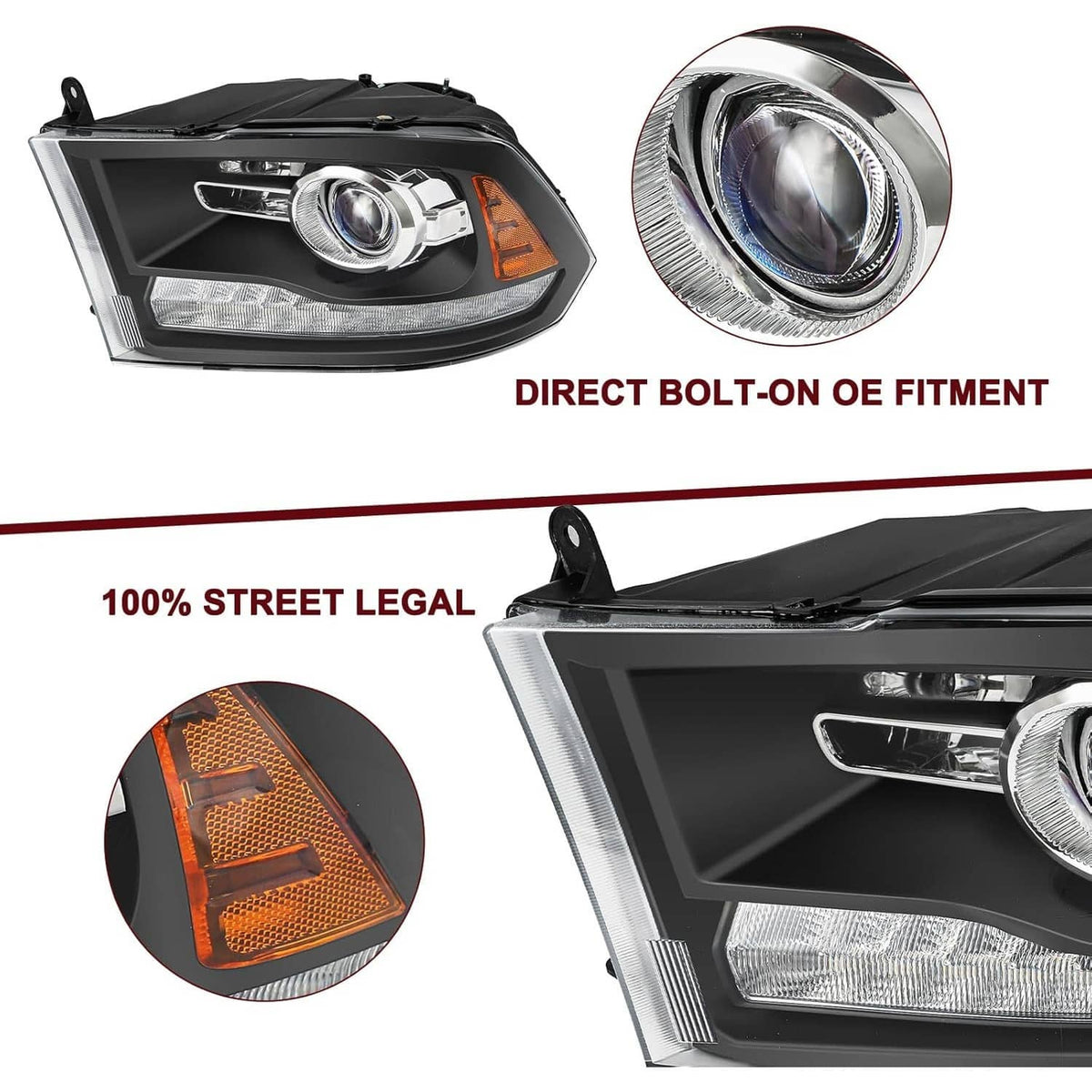 Bethesda Industrial Fit For 2009-2018 Dodge Ram 1500 2500 3500 Black Projector Headlights w/ LED DRL