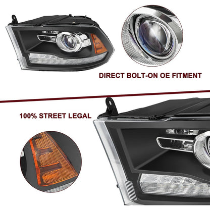Bethesda Industrial Fit For 2009-2018 Dodge Ram 1500 2500 3500 Black Projector Headlights w/ LED DRL