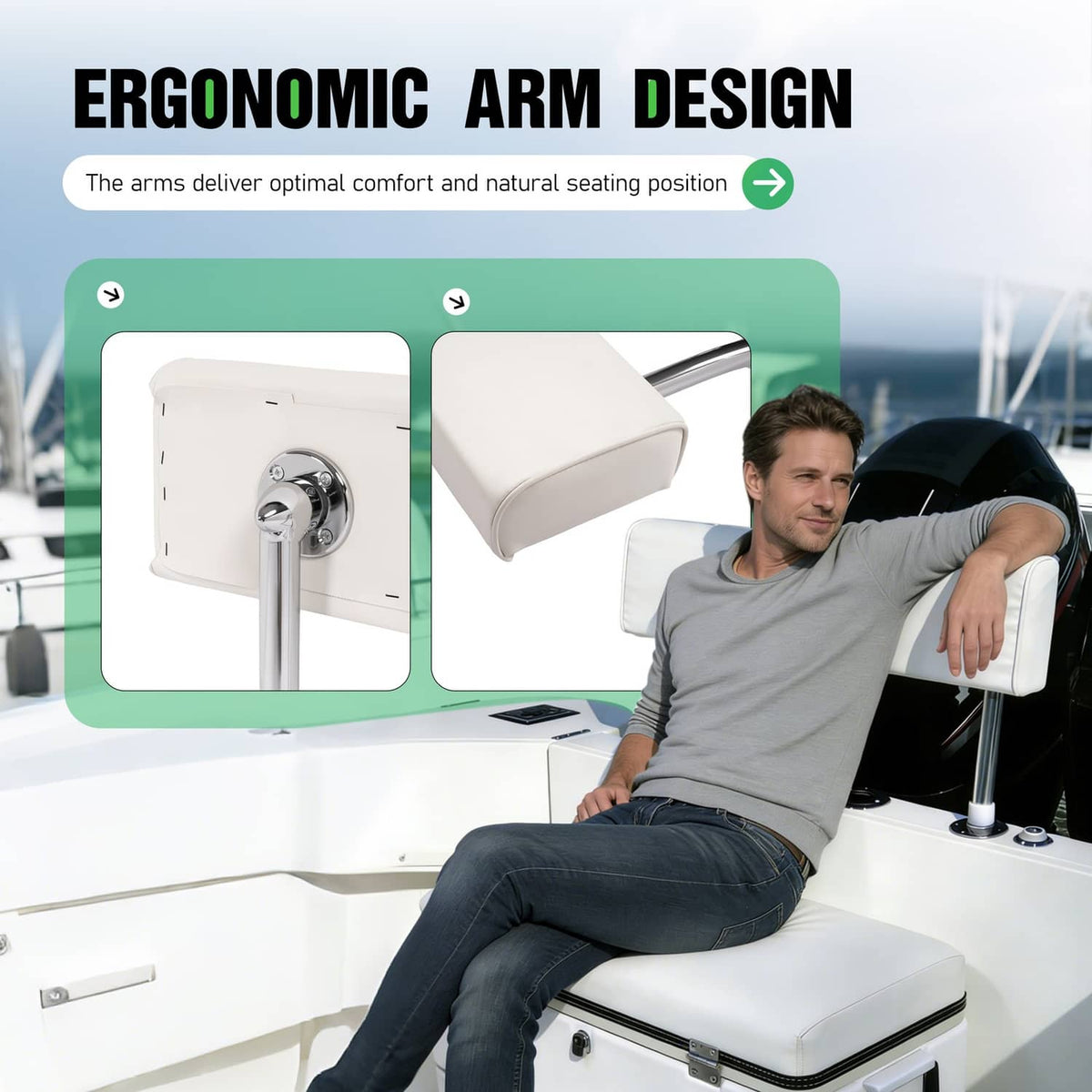 Bethesda Industrial For Universal Boat Seat Backrest W/Folding Arms Leaning Post White + Silvery