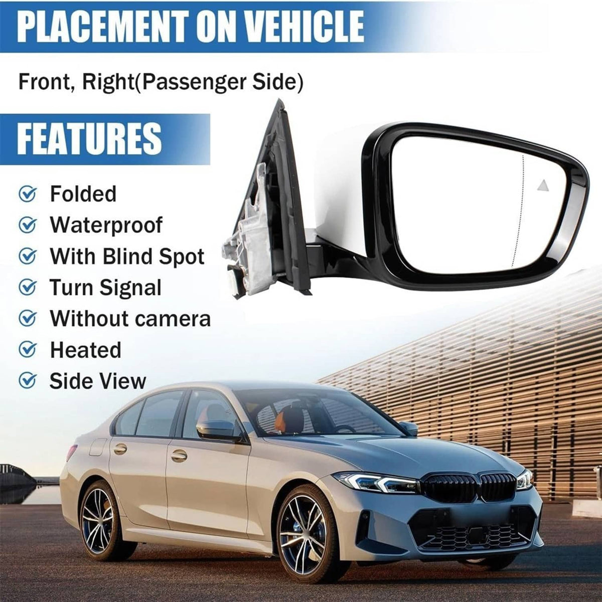 Bethesda Industrial Passenger Side Mirror w/Blind Spot White For 2019-2023 BMW 320i 330i 330e