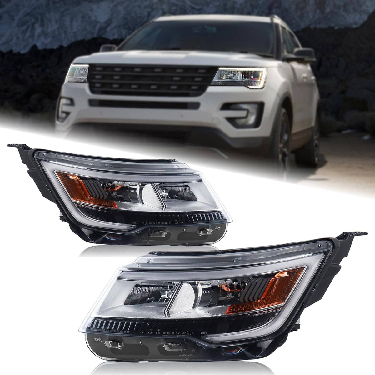 Bethesda Industrial New Pair Headlights Assembly LH+RH For 2016-2019 Ford Explorer Chrome w/ LED DRL