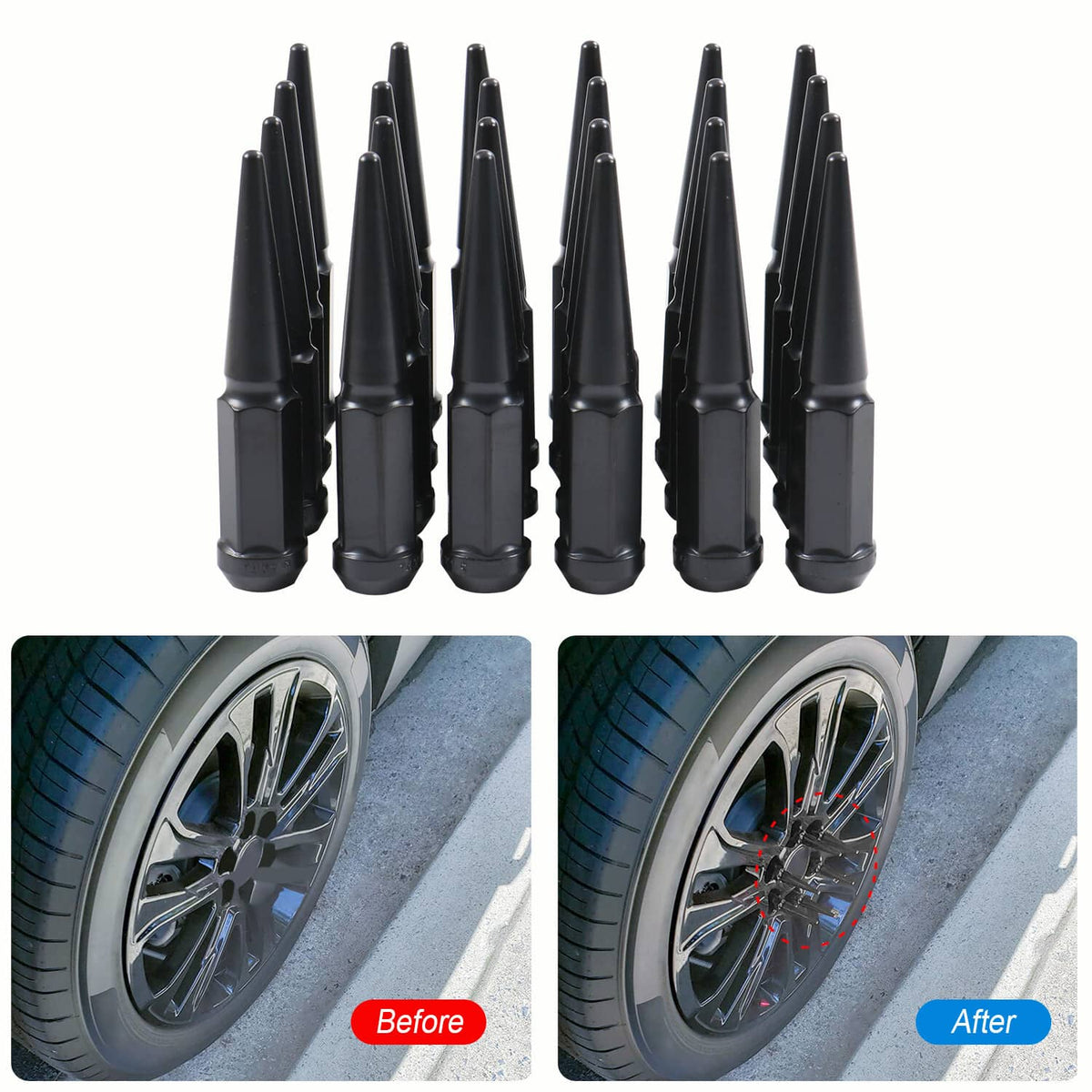 Bethesda Industrial 24PCS Spike Lug Nuts 14x1.5 Black For Chevy Silverado Tahoe 4.4" Tall with Key