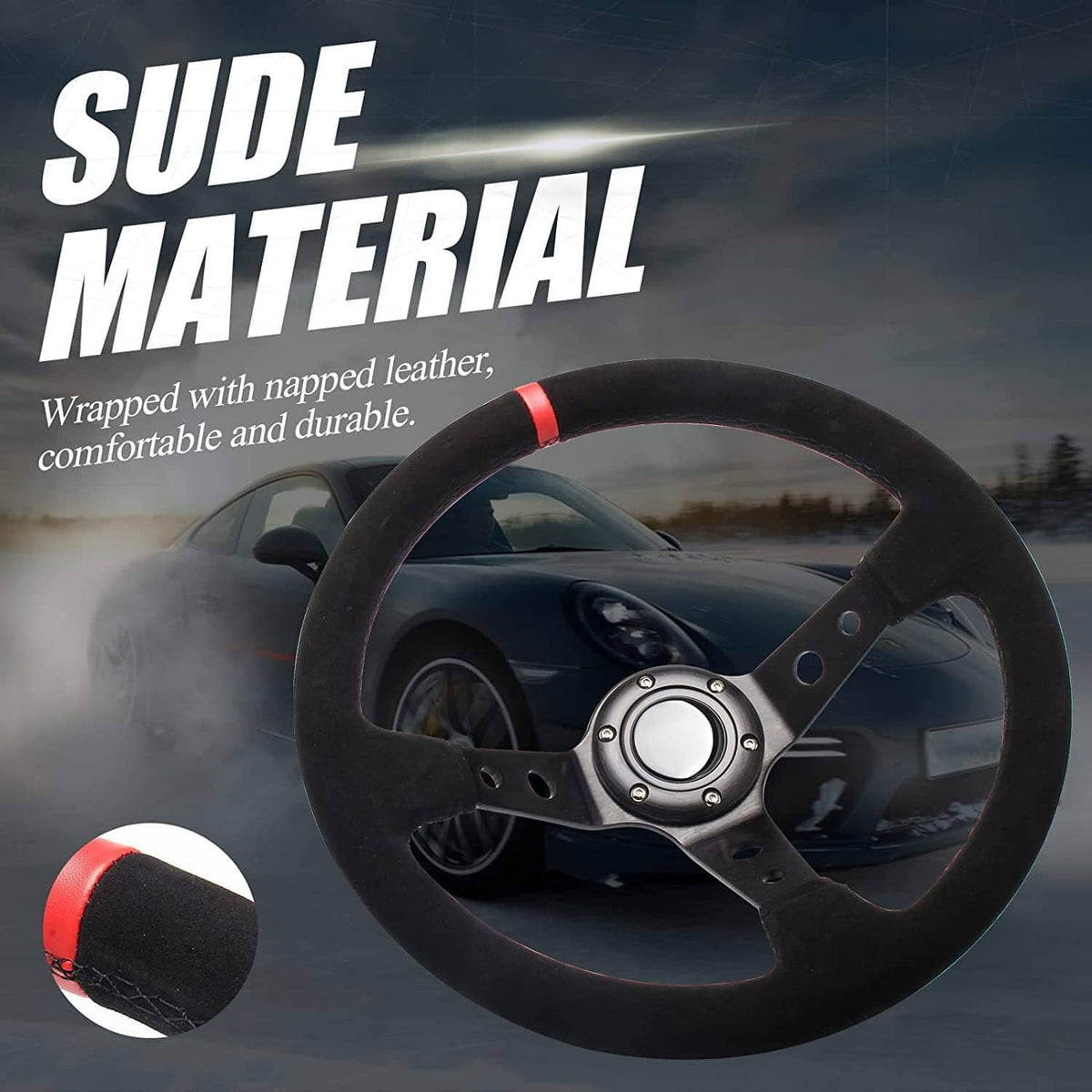Bethesda Industrial 14" 350mm Racing Suede Leather Steering Wheel With Horn Button+Quick Release Kit