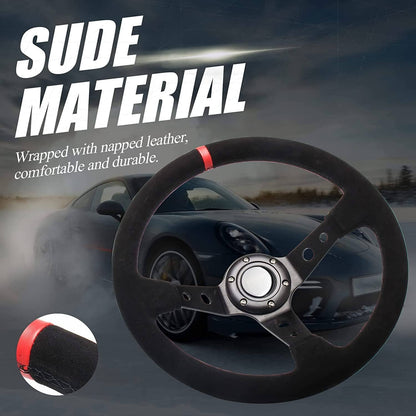 Bethesda Industrial 14" 350mm Racing Suede Leather Steering Wheel With Horn Button+Quick Release Kit