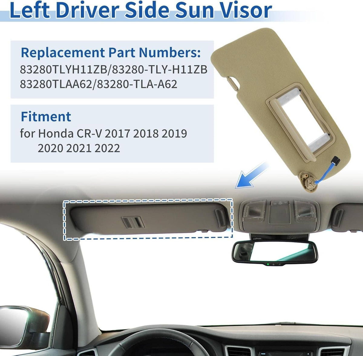 Bethesda Industrial Left Driver Side Sun Visor Beige w/Mirror & Light For 2017-2022 Honda CR-V CRV