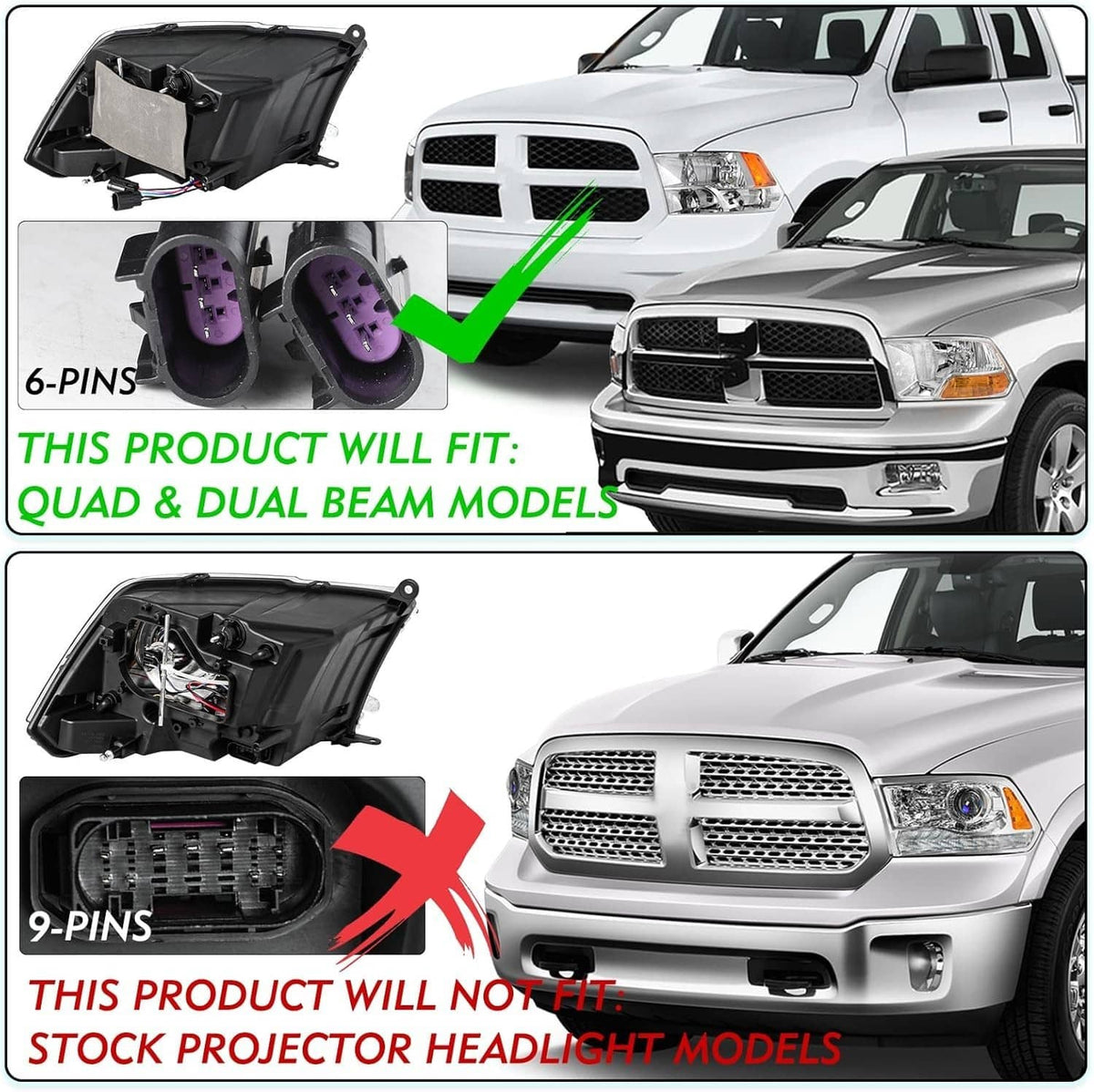 Bethesda Industrial Fit For 2009-2018 Dodge Ram 1500 2500 3500 Black Projector Headlights w/ LED DRL