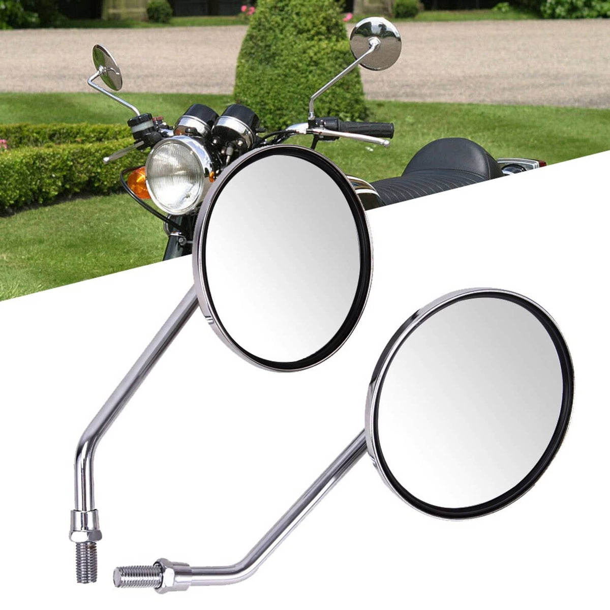 Bethesda Industrial 2Pcs Motorcycle Rearview Mirror Set M10/10mm Chrome Round Shape (Classic Style)