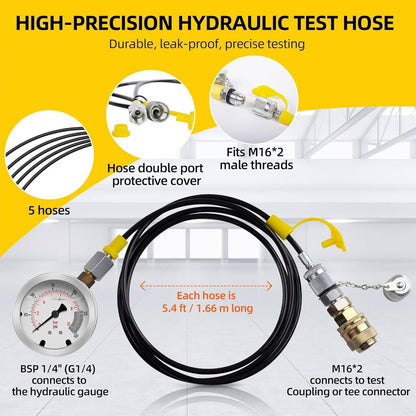 Bethesda Industrial 60Mpa Hydraulic Pressure Test Kit 5 Gauges 13 Couplings 14 Tee Connectors 5 Hose