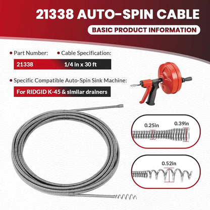 Bethesda Industrial 21338 Auto-Spin Replacement Drain Cable 1/4” x 30 ft Fit for RIDGID K-45