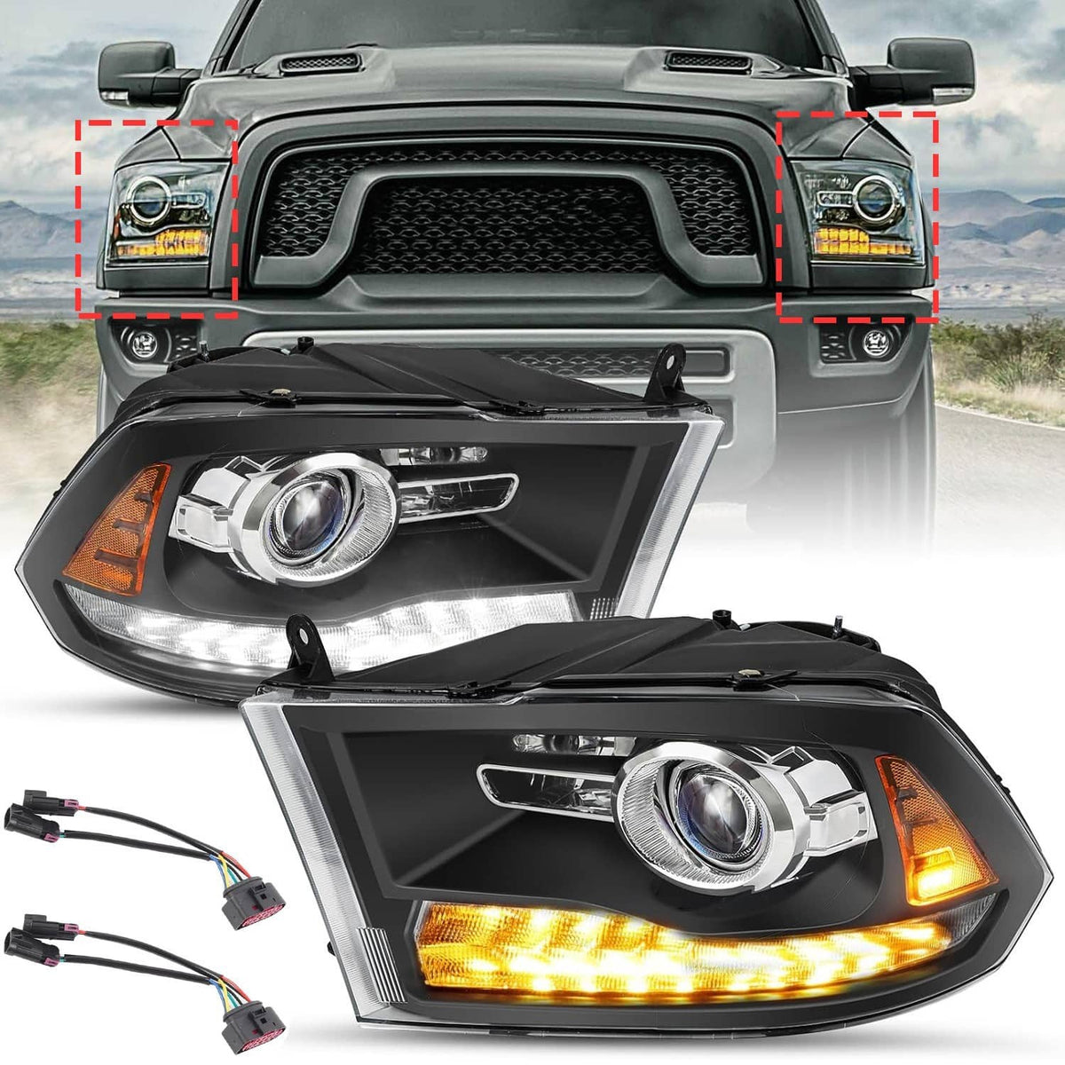 Bethesda Industrial Fit For 2009-2018 Dodge Ram 1500 2500 3500 Black Projector Headlights w/ LED DRL