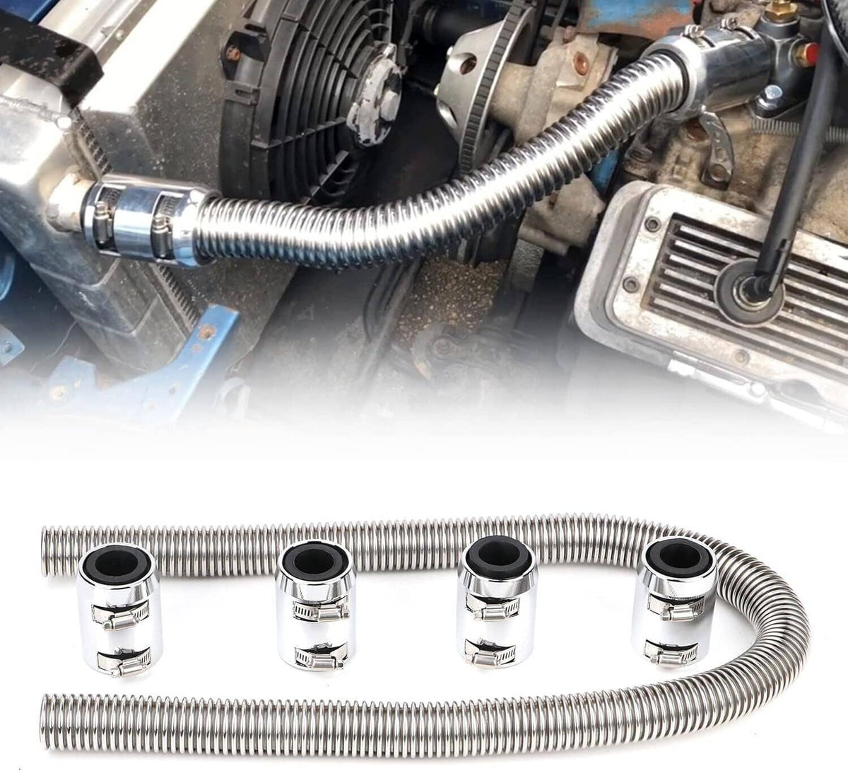Bethesda Industrial Universal 48" Stainless Steel Radiator Flexible Coolant Water Hose W/ Caps Kit