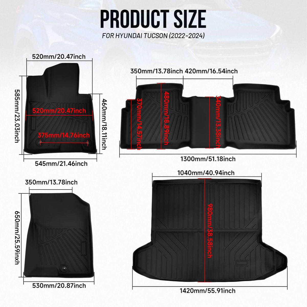 Bethesda Industrial 4x Car Floor Mats & Cargo Liner Full Cover Black for 2022-2025 Hyundai Tucson