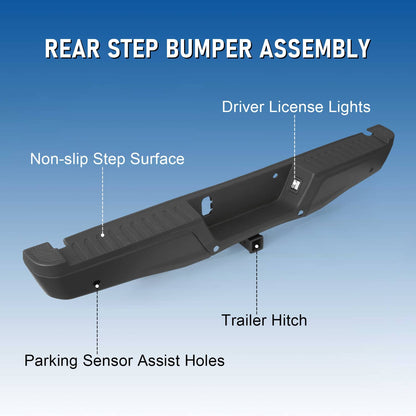 Bethesda Industrial Black Rear Bumper Assembly w/ Max Tow Hitch w/ Sensor Holes For 15-20 Ford F-150