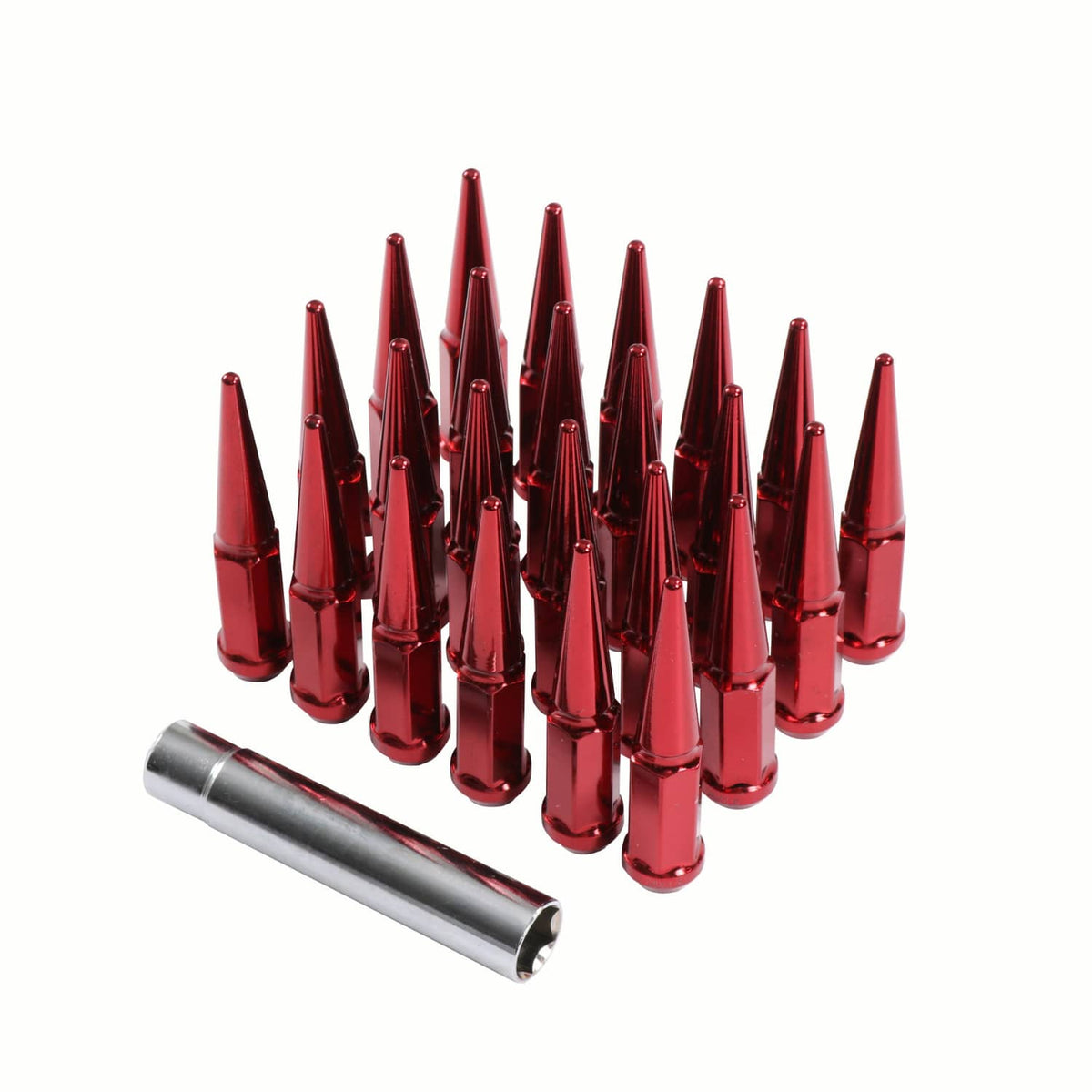 Bethesda Industrial 24 PCS Spike Lug Nuts 14x1.5 Red For Chevy Silverado Tahoe 4.4" Tall W/ Key