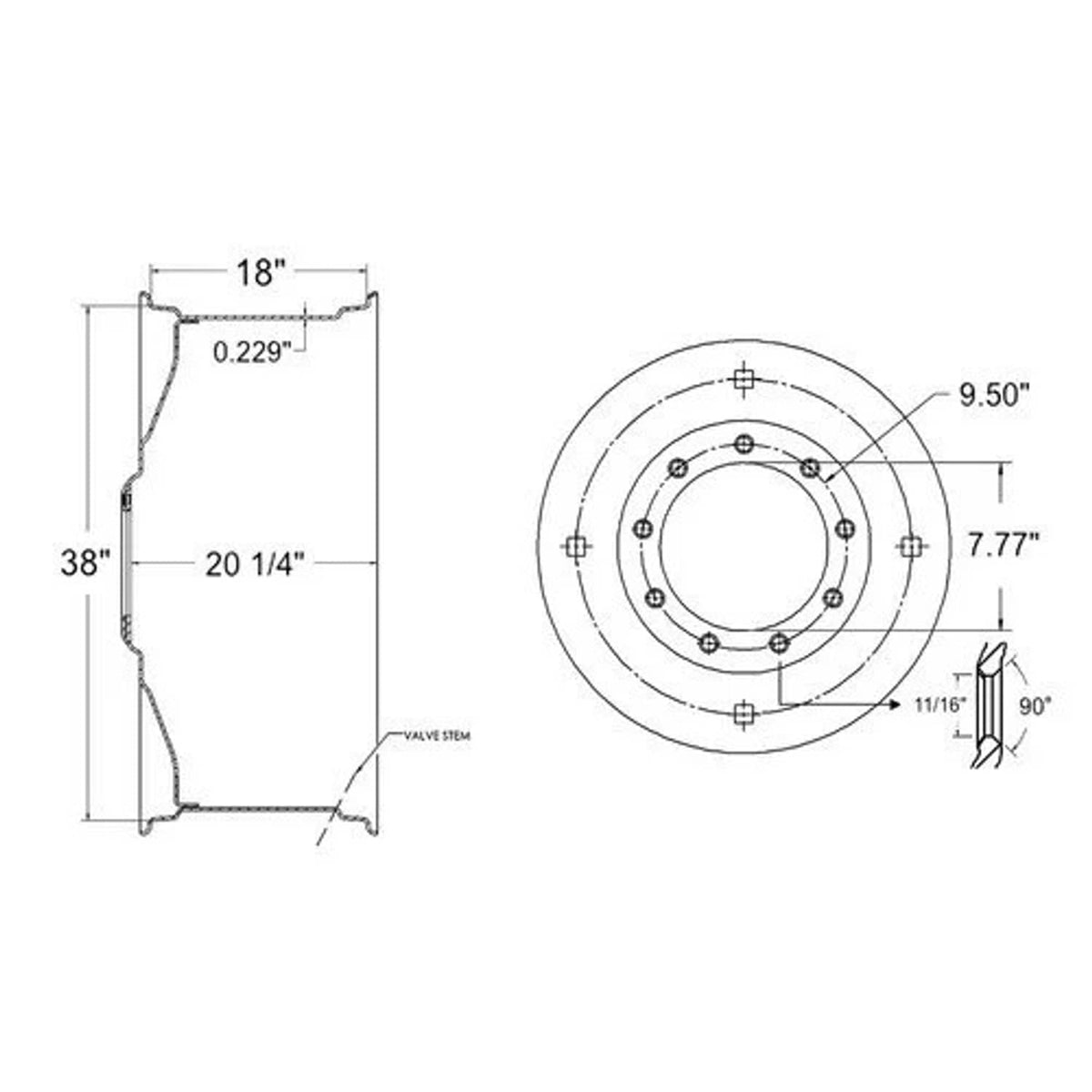 Bethesda Industrial Dual Rear Rim - 18" x 38” 9 Bolt Silver Mist