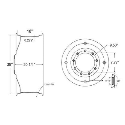 Bethesda Industrial Dual Rear Rim - 18" x 38” 9 Bolt Silver Mist
