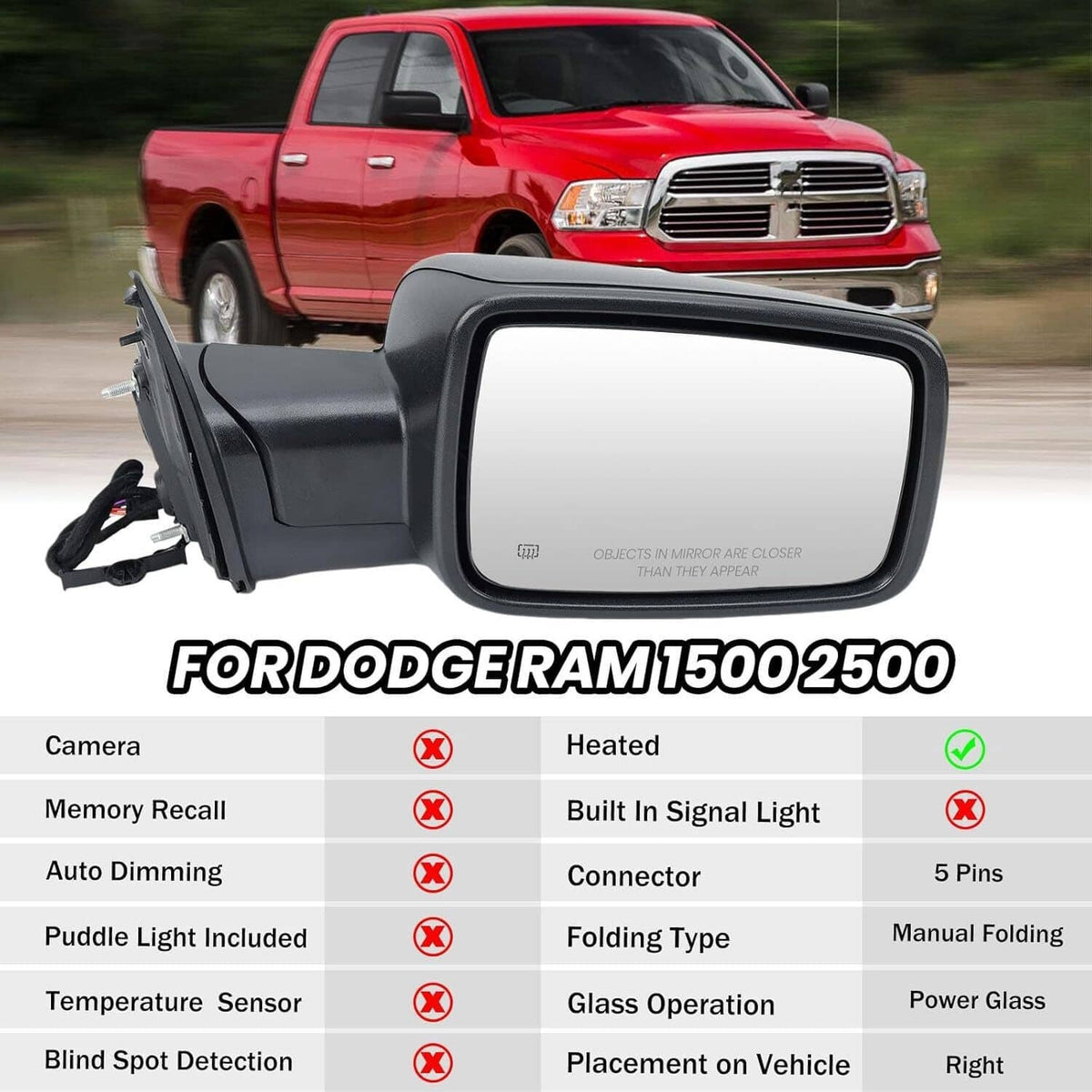 Bethesda Industrial Right/Passenger Side For 2013-2019 Ram 1500 Manual Fold+Heated+LED Signal Mirror