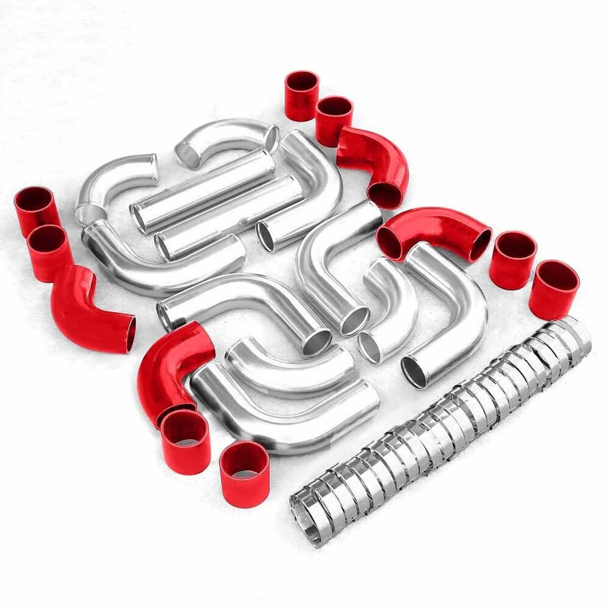 Bethesda Industrial 3" DIY Polished Intercooler Piping w/ U Pipe Red Silicone Coupler + Clamp Kit