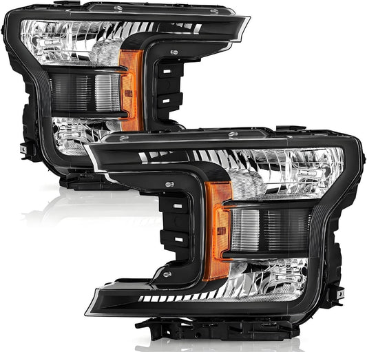 Bethesda Industrial Pair Headlights For 2018-2020 Ford F150 Halogen Headlamps Black Clear Right+Left