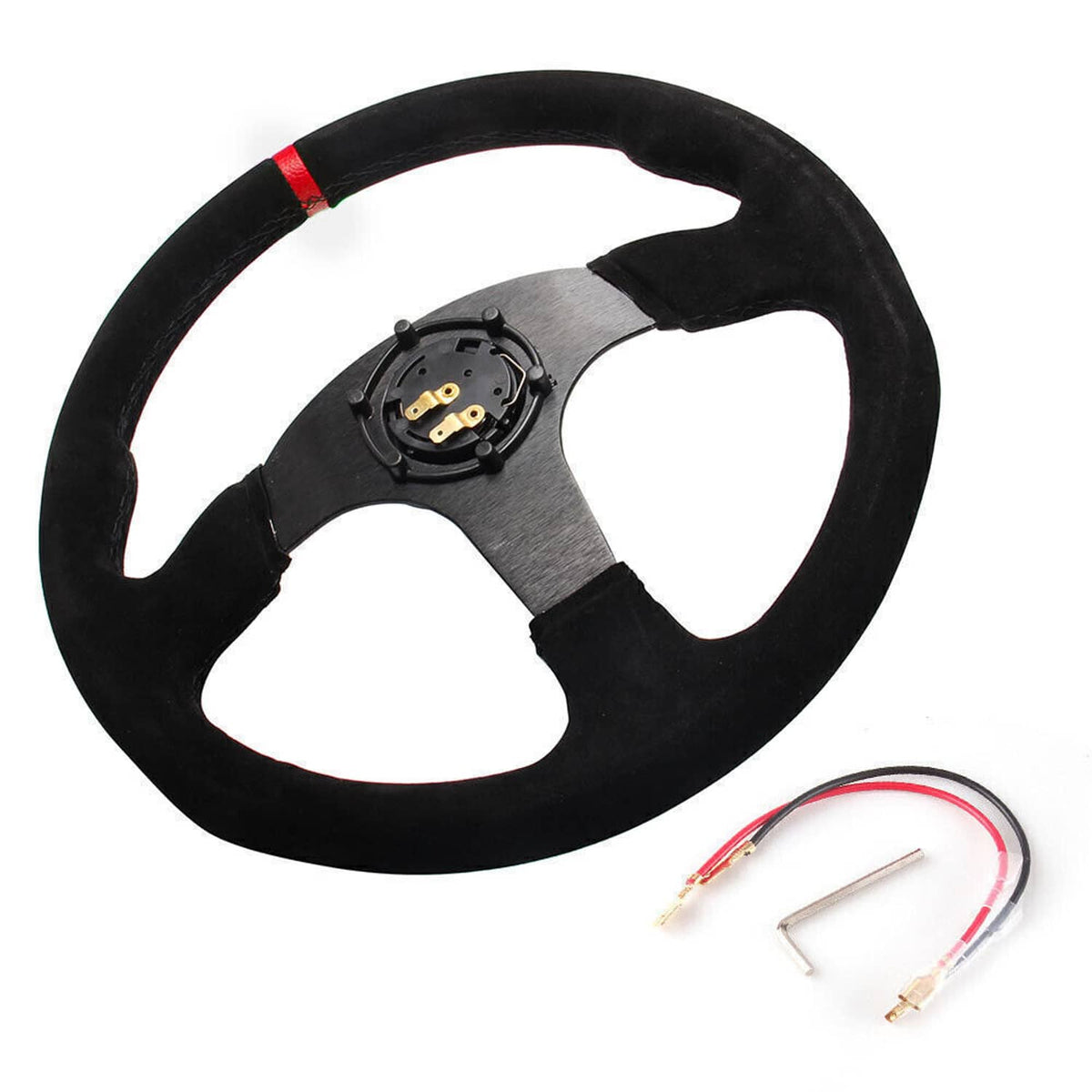 Bethesda Industrial 14" 350mm Racing Suede Leather Steering Wheel With Horn Button+Quick Release Kit