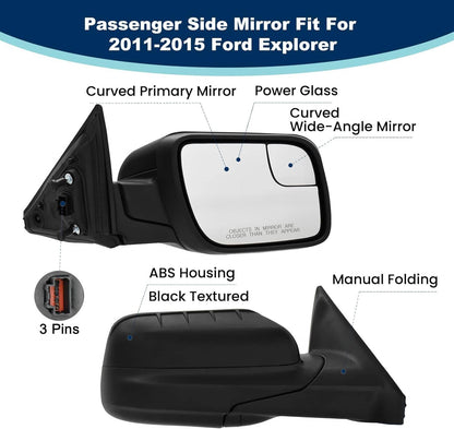 Bethesda Industrial Power Mirror For Ford Explorer 2011-2015 Right Side Manual Fold Textured Black