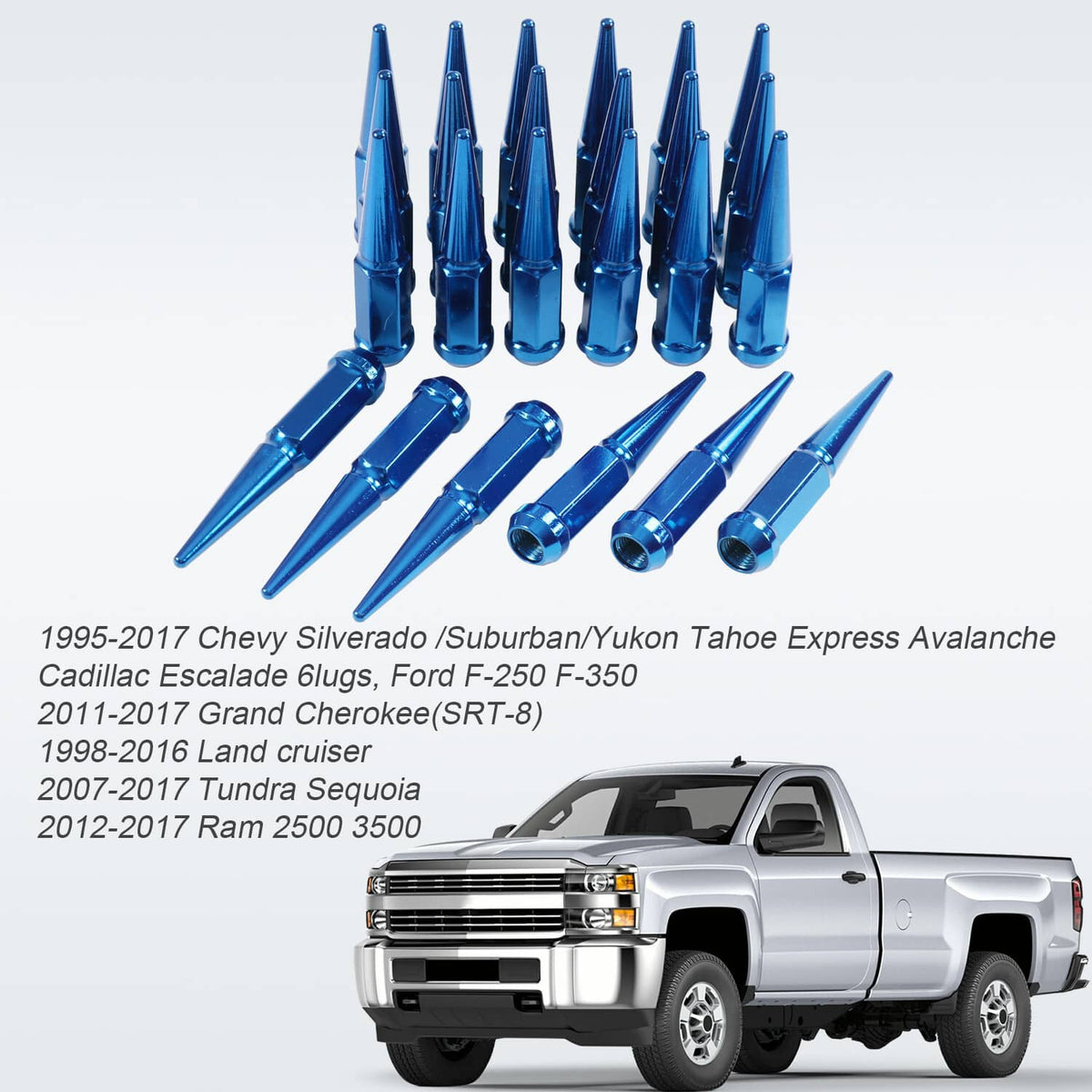 Bethesda Industrial 24PCS M14x1.5 Spike Lug Nuts 4.5 Tall Blue For 6 Lug GMC Chevy Ford With Key