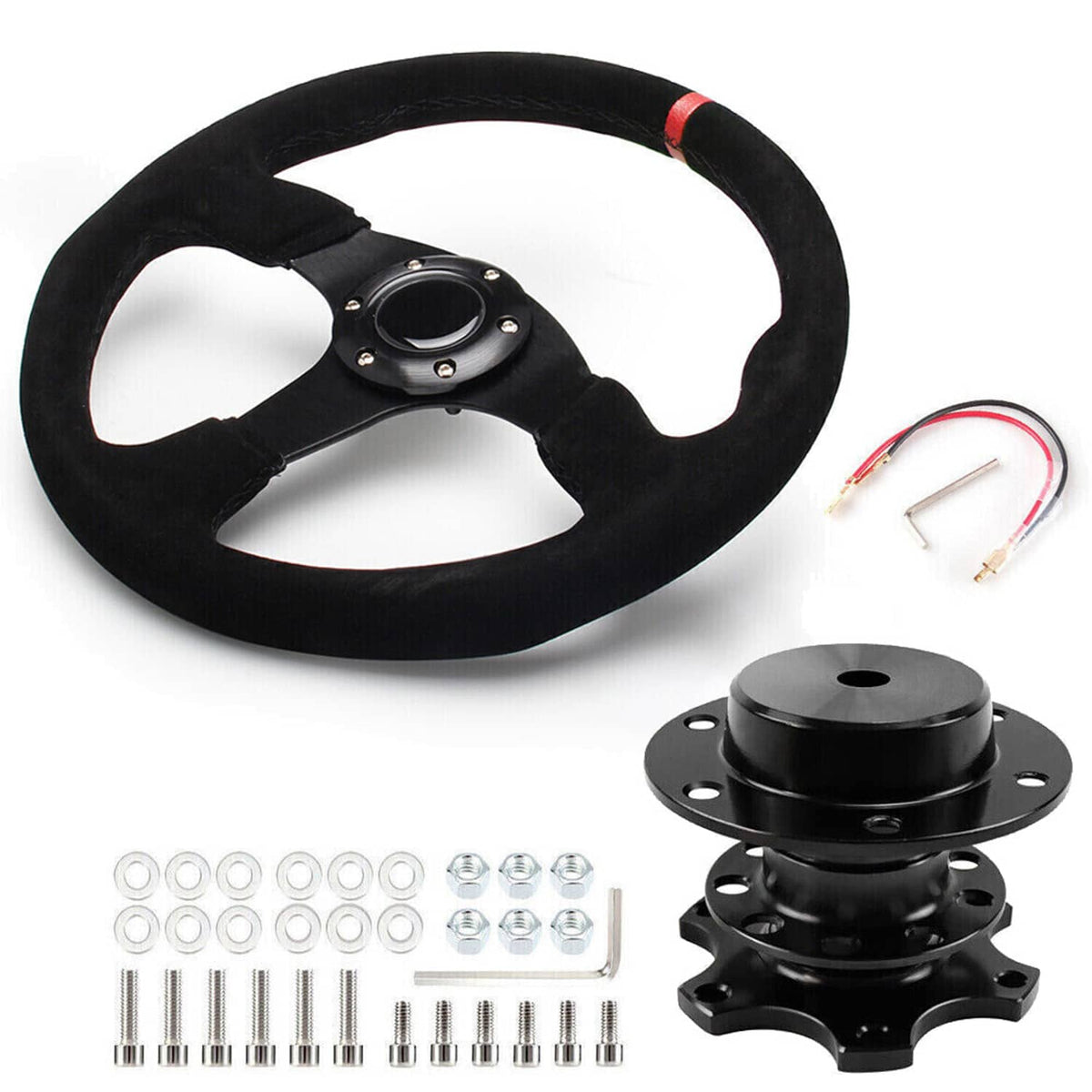 Bethesda Industrial 14" 350mm Racing Suede Leather Steering Wheel With Horn Button+Quick Release Kit