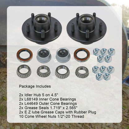 Bethesda Industrial 2PCS Trailer Idler Hub Kits 5 on 4.5 for 3500 lbs Axle - 22017K 1/2"-20 thread