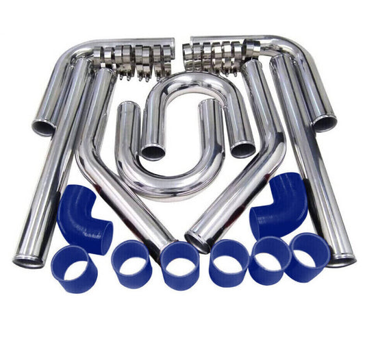 Bethesda Industrial 3" DIY Polished Intercooler Piping w/ U Pipe Blue Silicone Coupler + Clamp Kit