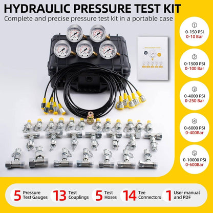Bethesda Industrial 60Mpa Hydraulic Pressure Test Kit 5 Gauges 13 Couplings 14 Tee Connectors 5 Hose