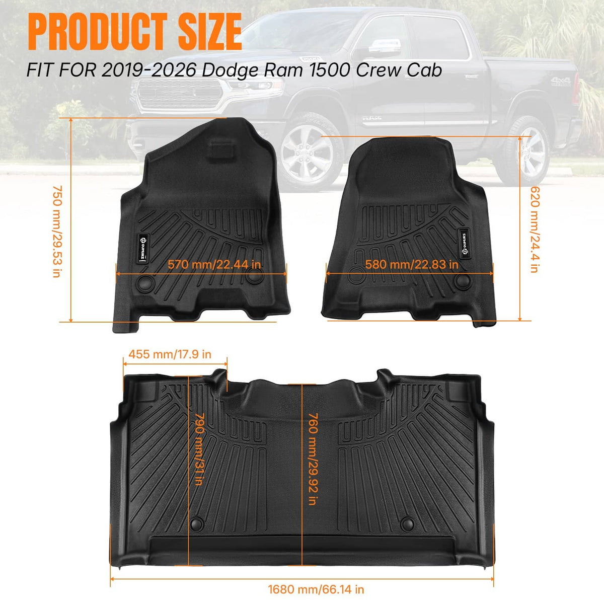 Bethesda Industrial Car Floor Mats Fit for 2019-2026 Dodge Ram 1500 Crew Cab  (NOT Classic Models)