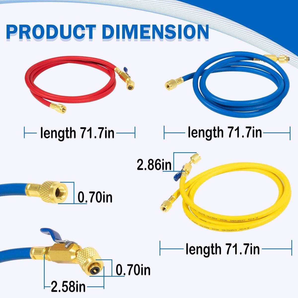 Bethesda Industrial 29986 Plus II 72" Hose 1/4" Compact Ball Valve End Refrigerant Charging Hose